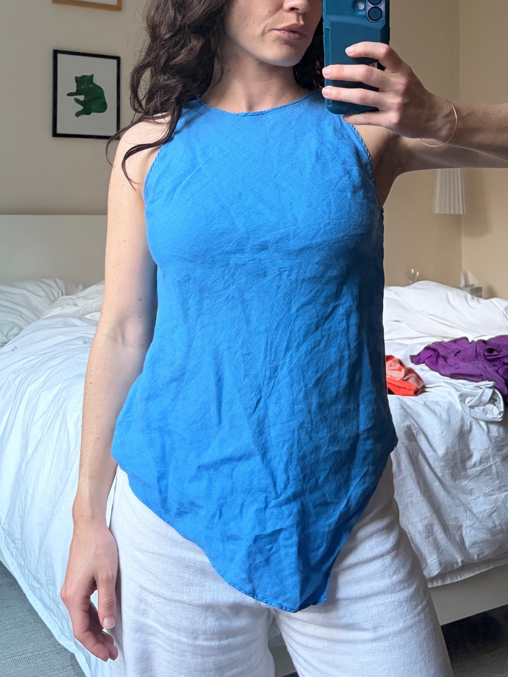 Massimo Dutti Linen Blue Sleeveless High-Neck Women's Top
